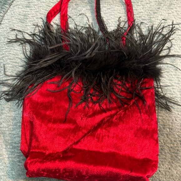 Gigi Olivia Red Velvet Bag with Ostrich Fe… - Picture 2 of 4